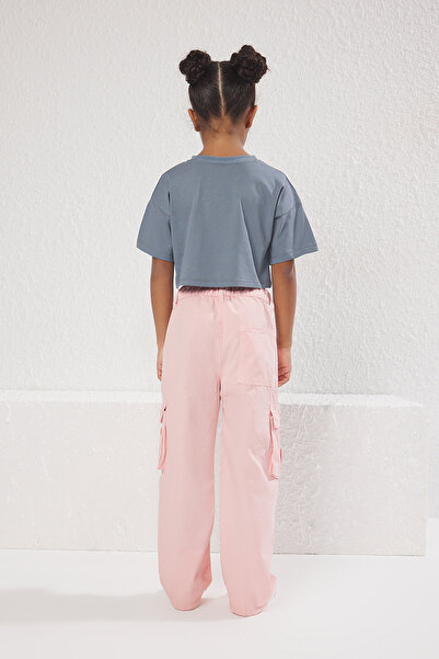 TRENDYOLKIDS Pink Girl's 100% Cotton Pocket Detail Wide Leg Elastic Denim Trousers Tkdss25Pl00004
