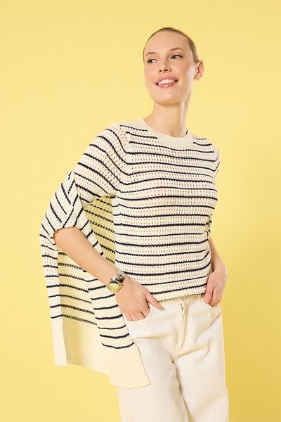 Trendyol Collection Ecru Shawl-Sweater Scarf Striped Knitwear Blouse Twoss25Bz00202