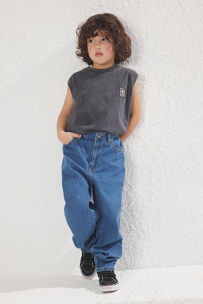 TRENDYOLKIDS Blue Boy's Balloon Fit Pantaloni blugi din denim 100% bumbac TKDSS25JE00002