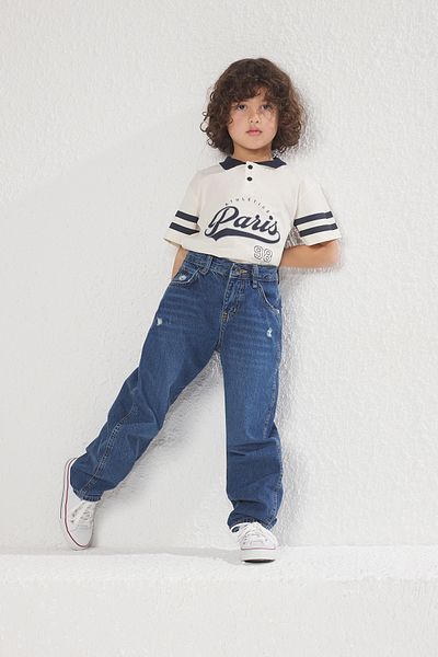 TRENDYOLKIDS Blugi largi pentru băieți - albastru închis, pantaloni din denim din bumbac TKDSS24PL00005