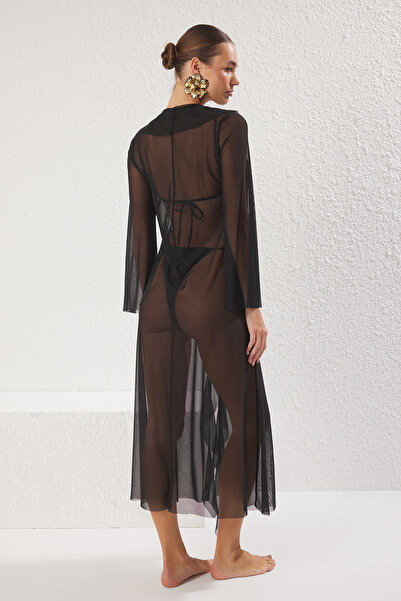 Trendyol Collection Μαύρο Maxi Ruffle Woven Φόρεμα παραλίας TBESS25EL00028