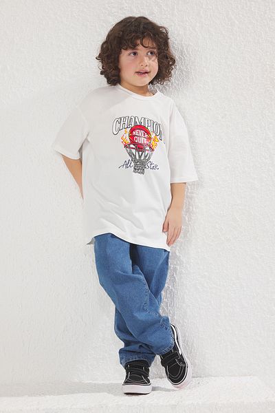 TRENDYOLKIDS Ecru Drukowana Dzianinowa Koszulka Tkdss25Ts00031