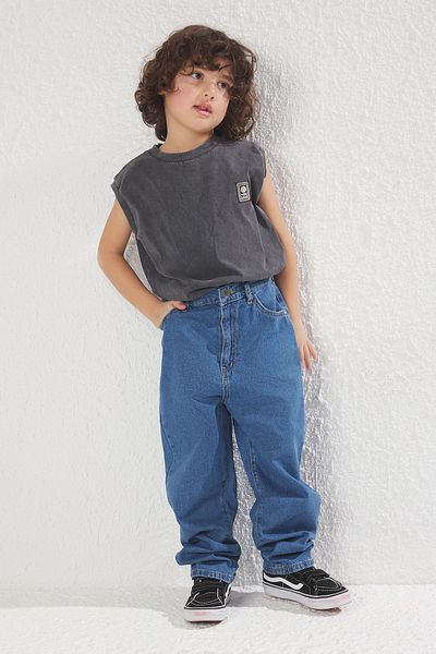 TRENDYOLKIDS Blue Boy's Balloon Fit Pantaloni blugi din denim 100% bumbac TKDSS25JE00002