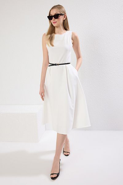 Trendyol Collection Ekrü derékra nyíló, redőzött bélelt Midi szőtt ruha TWOSS20EL0980