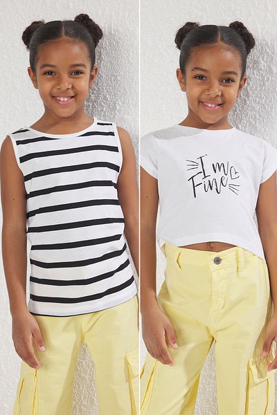 TRENDYOLKIDS Black-White 2-Piece Girls' Knitted T-Shirt Tkdss25Ts00015