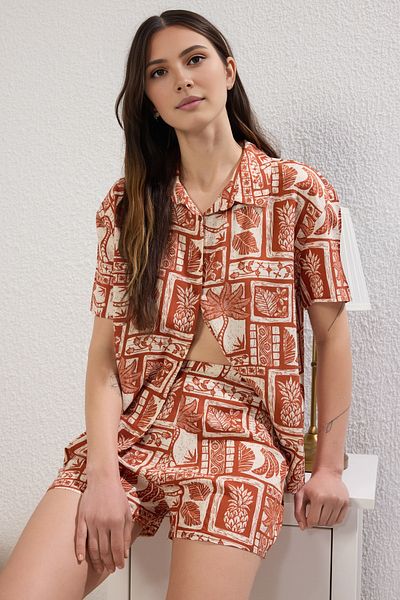 Trendyol Collection Cinnamon Ethnic Shally Woven Piżama Set z Krótkimi Spodenkami Thmss25Pt00266