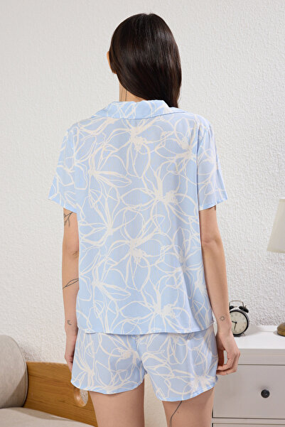 Trendyol Collection Blue Floral Shally Woven Pajama Set with Shorts Thmss25Pt00306