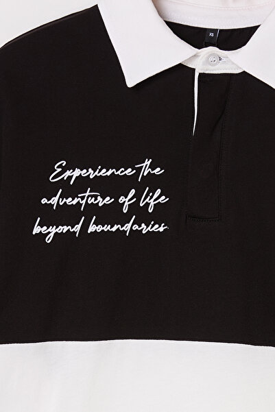 Trendyol Collection Schwarzes, übergroßes/breit geschnittenes, farbblockierendes Brooklyn-T-Shirt mit Polokragen TMNSS25PO00029