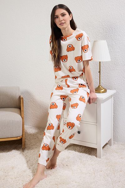 Trendyol Collection Ecru 100 % Baumwolle Animal Single Jersey gestricktes Pyjama-Set THMSS21PT0195
