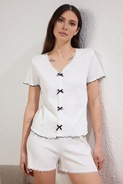 Trendyol Collection Ecru Plain Ribbon Camisole Knitted Pajama Set with Shorts Thmss25Pt00290