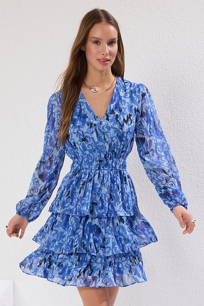 Trendyol Collection Rochie mini din șifon cu volan cu imprimeu etnic - albastru, stil skateboard, căptușită - TWOAW25EL00271