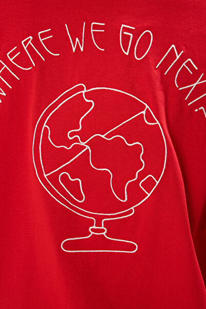 Trendyol Collection Red Crew Neck Back Embroidery Relaxed Fit Knitted T-Shirt - 100% Cotton Twoss20Ts0121