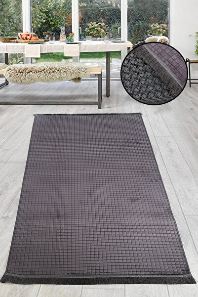 Teksev Square Plus Anthracite Color Sports Fringed Cutting Runner Non-Slip Machine Washable Tasseled Soft Carpet