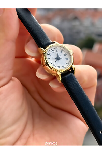 Bonicce Black Leather Band in Gift Box, Minimal Case, Women's Roman Numeral Wristwatch Pearl Bracelet