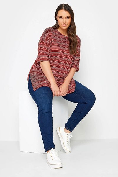 Stil Diva Slit Crew Neck Striped Large Size T-shirt - Half Sleeve 302948