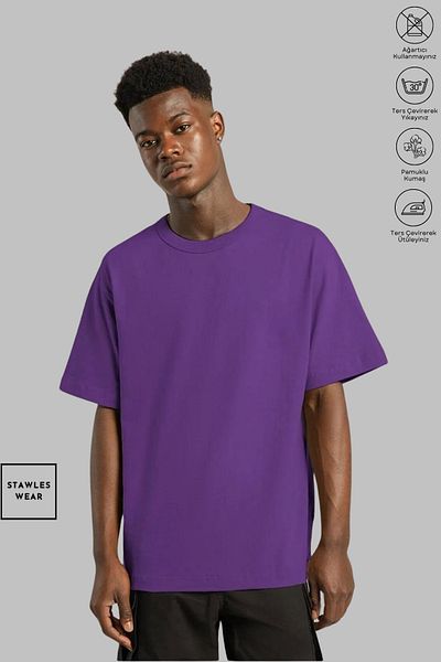 stawles wear Unisex Oversize Βαμβακερό μπλουζάκι με λαιμόκοψη χωρίς στάμπα με κοντό μανίκι