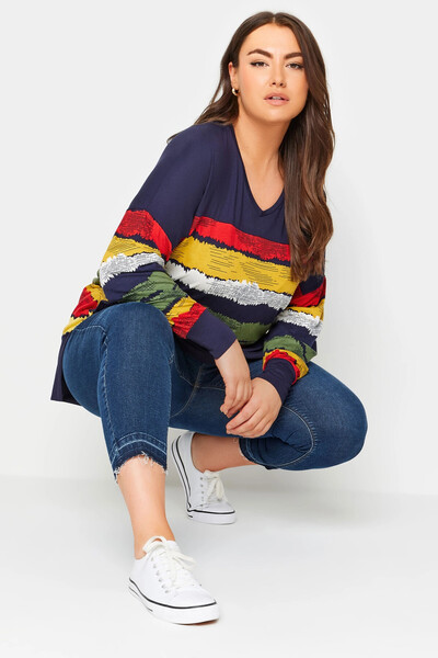 Stil Diva Μακρυμάνικη μπλούζα με ριγέ V λαιμόκοψη - 303117