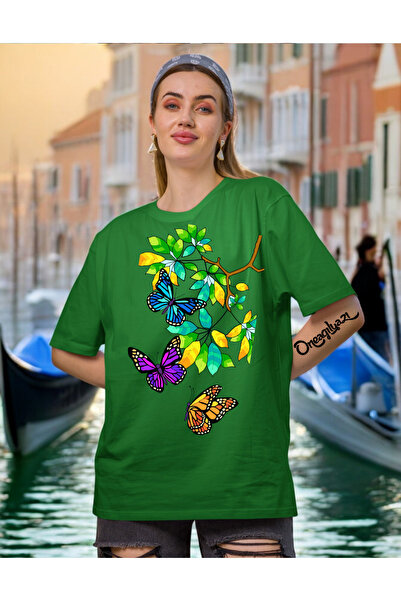 oneagılyazı Tree Butterfly Design Printed Women's T-Shirt