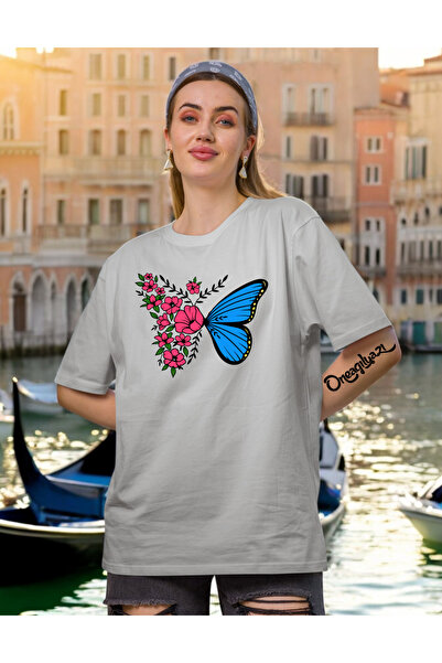 oneagılyazı تي شيرت نسائي كبير الحجم مطبوع عليه فراشة