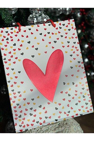 QUEEN AKSESUAR lüks büyük parlak varaklı hediye paketi kalp süslü desenli ip askılı karton çanta poşet beyaz