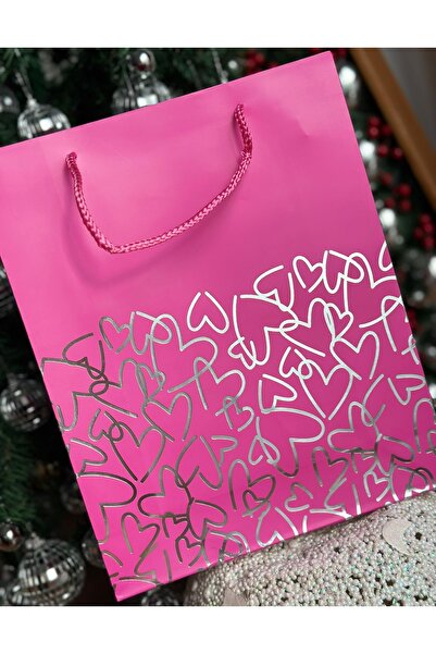 QUEEN AKSESUAR lüks büyük parlak yanar döner varaklı hediye paketi kalp süslü desenli ip askılı karton çanta poşet