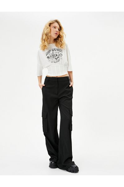 Koton Corset Detailed T-Shirt Short Sleeve Crew Neck Printed Cotton