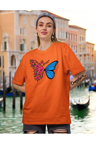 oneagılyazı تي شيرت نسائي كبير الحجم مطبوع عليه فراشة