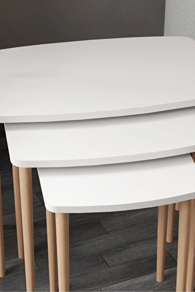 Evnalia Astor Beyaz Zigon Sehpa Dikdörtgen 3'lü İç İçe Geçebilen Ahşap Ayaklı...