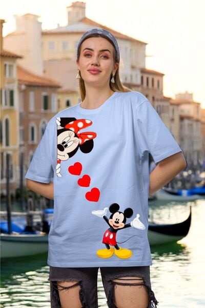 oneagılyazı تي شيرت نسائي كبير الحجم مطبوع عليه قلب ميكي ماوس