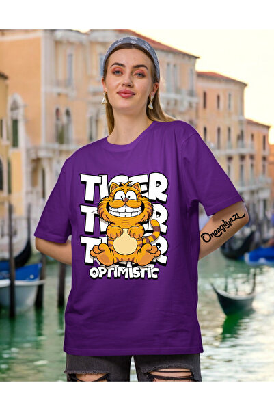 oneagılyazı تي شيرت نسائي كبير الحجم مطبوع عليه Tiger Optimistic