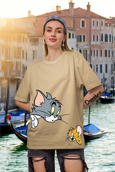 oneagılyazı Tricou oversize pentru femei cu imprimeu Tom și Jerry