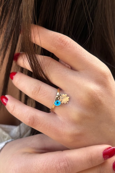 Utku Kuyumculuk 14 AYAR NAZAR BONCUĞU VE YONCA SALLANTILI ALTIN YÜZÜK