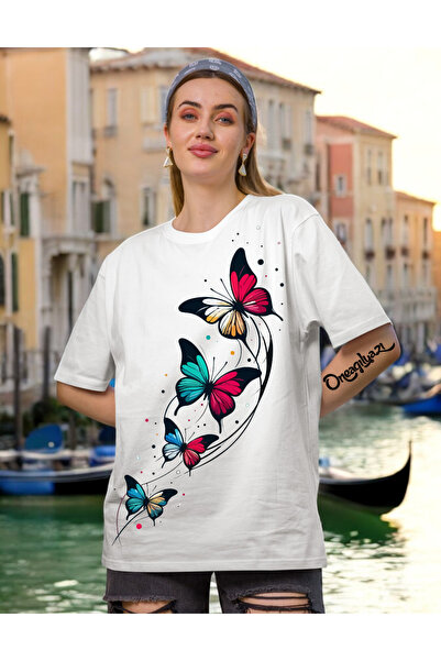 oneagılyazı تي شيرت نسائي كبير الحجم مطبوع عليه فراشات متعددة