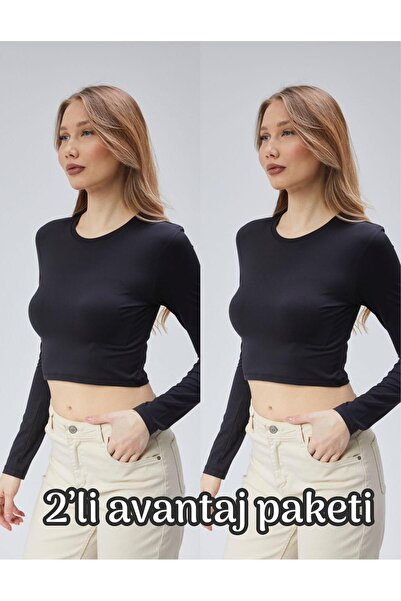 Virago 2'Lİ Soft Touch Gât rotund Crop cu mânecă lungă Bluză/Body