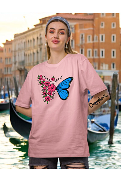 H&GHAMLEGİYİM Butterfly Pattern Printed Women's Oversize T-Shirt