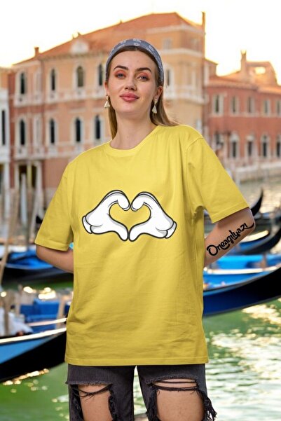 oneagılyazı Finger Heart Printed Women's Oversize T-Shirt