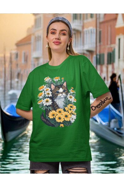 oneagılyazı Cvet mačka Štampano Ženski Oversize kroj T-shirt
