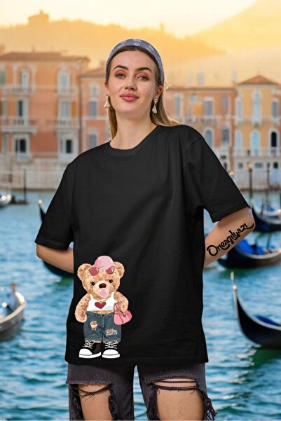 oneagılyazı تي شيرت نسائي كبير الحجم مطبوع عليه دمية دب