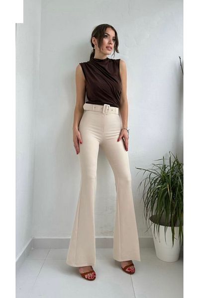 Heyya Spanish Leg Beltless High Waist Crepe Fabric Cream Pants