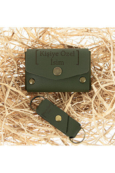 Miaju Yeşil Renk İsme Özel Deri Cüzdan ve Anahtarlık Takım, Yüksek Kalite Aks...