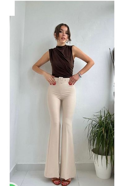 Heyya Spanish Leg Beltless High Waist Crepe Fabric Cream Pants