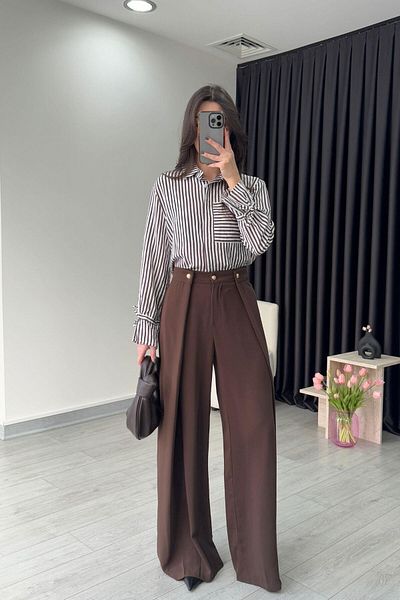 ECEMİ Gold Button Crepe Fabric Coffee Pants