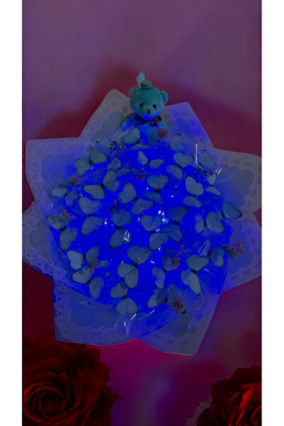 ellobutik LED Işıklı Kelebek Buketi Mavi Sevgililer Gününe Özel Ayıcıklı