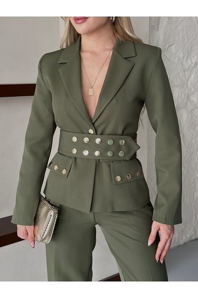 HOEK Women's Khaki Belted Jacket Pants Suit
