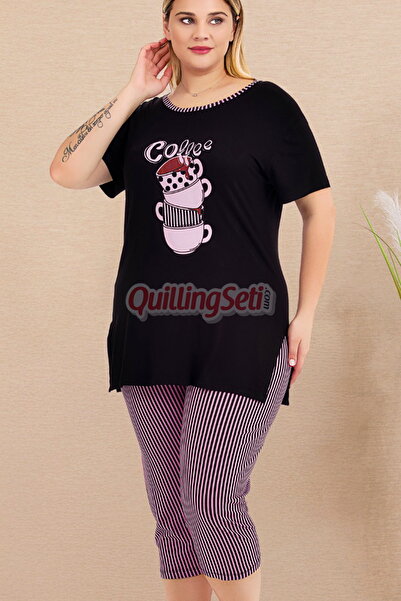 quilling Black - Pink Color & Stripe Lady 10728 Women's Capri Plus Size Pajamas Set
