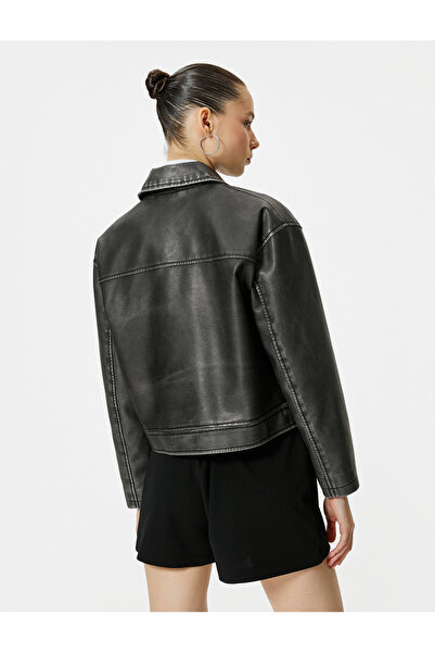 Koton Jachetă din imitație de piele cu aspect învechit Buzunar pentru guler cămașă cu fermoar