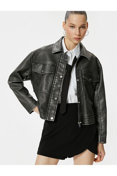 Koton Faux Leather Jacket Distressed Look Zippered Shirt Collar Pocket