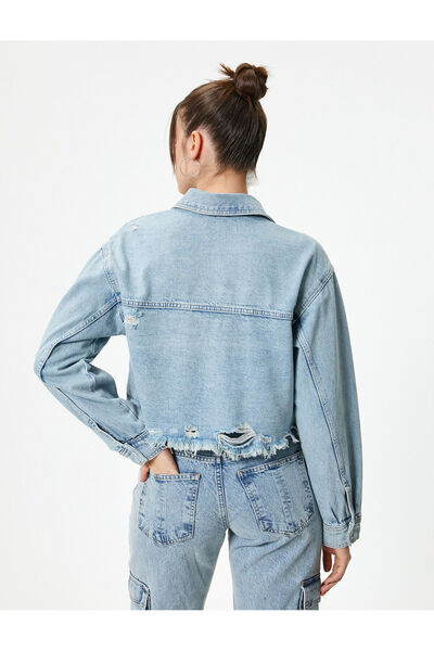Koton Jachetă de blugi crop cu detalii uzate și buzunare din bumbac, cu potrivire confortabilă