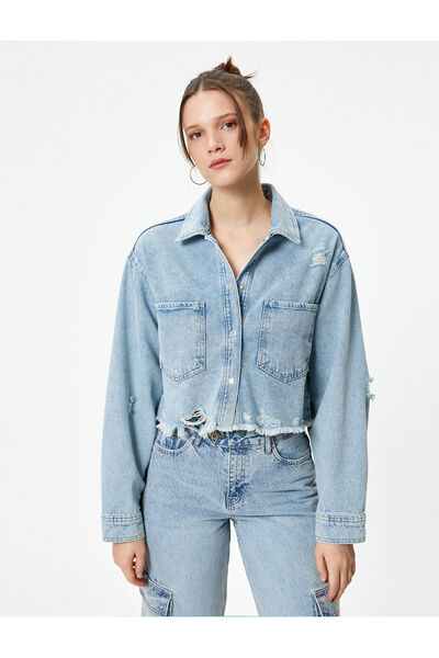 Koton Jachetă de blugi crop cu detalii uzate și buzunare din bumbac, cu potrivire confortabilă