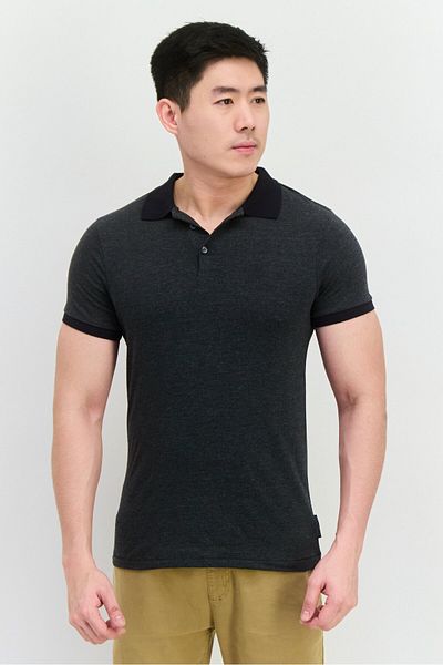 French Connection Men Regular Fit Solid Short Sleeve Polo Shirt, Charcoal Grey
